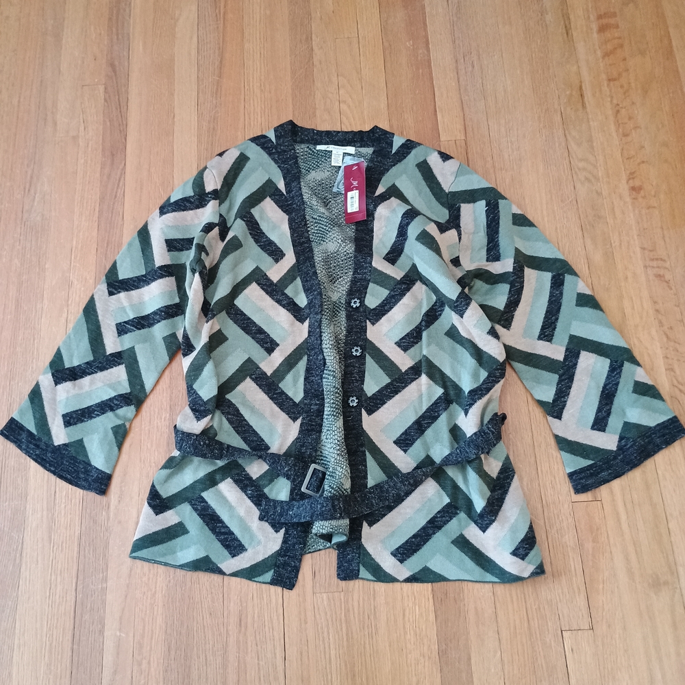 JM Collection Chevron Knit Cardigan - Black, Green, Cream